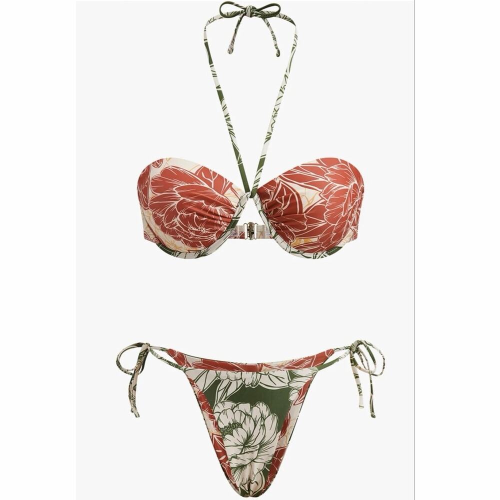NWT Commense Floral Red Green Halter Bikini Top Medium Underwire Swim